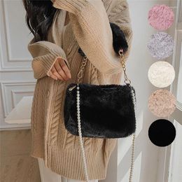 Shoulder Bags Fashion Winter Handbag Chain Soft Plush Tote Solid Fur Pearl Crossbody Bag For Women