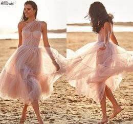 Romantic Pink Tulle Pleated A Line Cocktail Party Dresses One Shoulder Sleeveless Tea Length Short Prom Gowns Lace-up Back Plus Size Women Formal Dress CL3442