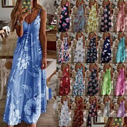 Basic lässige Kleider plus Größe Frauen Maxi Kleid Sommer y Boho gedruckt Langhändler gegen Hals Ladies Loose Vestido S-5xl Drop Lieferung DHB5L