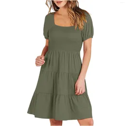 Casual Dresses Women'S Summer Sundress Loose Puff Sleeve Flowy Square Neck Short Mini-Dresses Fashionable