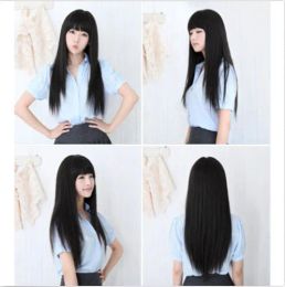Wigs Free shipping Quality Fashion Picture full lace High wigs>>Neat bang Hair New Black Long Straight Synthetic Cosplay Party Women's