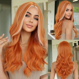 Wigs CRAFTOURIST Ginger Wigs For Women Long Natural Wavy Orange Wigs With White Highlight Synthetic Heat Resistant Fibre Wig