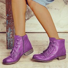 Boots Retro Wood Grain Heel Women's Leather Boots 2023 New Casual Western Cowboy Ankle Boots Side Zipper Round Toe Purple Ladies Shoes