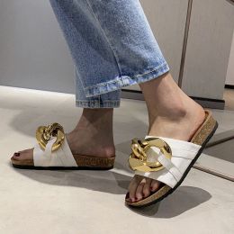 Sandals Women Slippers 2022 Summer Plus Size Fashion Metal Chain Sandals Women Outdoor Closed Toe Flat Slippers Beach Platform Sandals