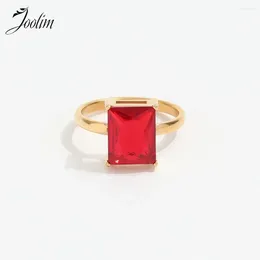 Cluster Rings Joolim Jewellery High End PVD Wholesale Party Fashion Luxury Large Rectangle Red Zircon Stainless Steel Finger Ring For Women