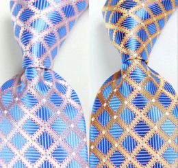 Bow Ties Classic Plaid Blue Gold Tie JACQUARD WOVEN Silk 8cm Men's Necktie Business Wedding Party Formal Neck