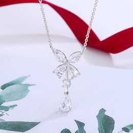 Phantom Bow, Water Droplet, Diamond Pendant Necklace, Pure Silver Tassel, Butterfly Collarbone Chain, Niche, High-end and Elegant