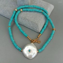 Pendants YYGEM Blue Turquoise Cultured White Coin Pearl Necklace 18" Women Jewellery Unique Choker