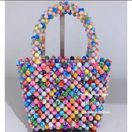 Totes Fashionable Women's Bag Ins Acrylic Beaded Woven Vegetable Basket Spring Summer Small Fresh Colour Mobile Phone Handbag