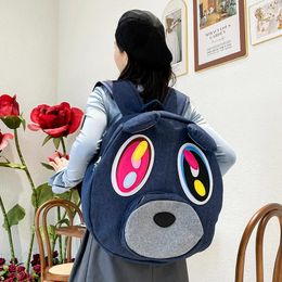 Backpack Fashion Denim Stitching Bear Shoolbag Cute Huge Capacity Zipper Bag Junior High School Students Cartoon Leisure Travel