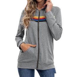 Felpa con cappuccio da donna con cappuccio da donna con cappuccio di moda con cappuccio oversize arcobaleno a strisce lunghe a maniche lunghe giacca da tasca con cerniera pavimentazione primavera