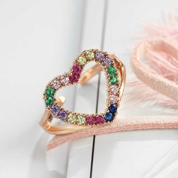 New Ring Rose Gold Rainbow Zircon Heart Jewellery Womens Handpiece