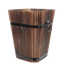 Large Round Planter Carbonised Solid Wood Flowerpot Durable Wooden Bucket Small Barrel Iron Container Garden Decor 240320