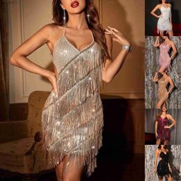 Basic Casual Dresses Womens Sequins Tassel Dress Sexy Fringe Glitter Robe Sleeveless Sling Mini Cocktail Evening Party Vestidos yq240402