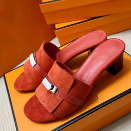 high quality women suede leather chunky heel slippers summer hot sale metal button decor outside walking vacation beach women designer mules