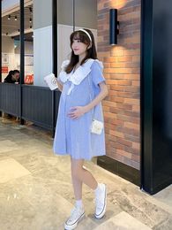 Blue 2024 Summer Maternity Clothes Ruffled Large Peter Pan Collar Short Sleeve Pregnant Woman ALine Dress Pregnancy Plaid 240326