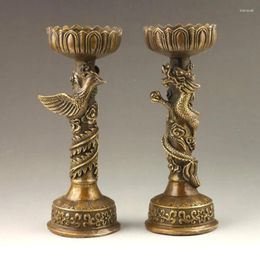 Candle Holders 17.8 Cm / Chinese Handmade Fine Dragon And Phoenix Bronze Candlestick Pair