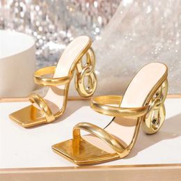 Dress Shoes 2024 Summer Chic Strange High Heels Slippers Sexy Street Woman Square Toe Dress Shoes PU Leather Golden Sandals H240401UH1G