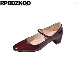 Dress Shoes Patent Leather Women Mary Jane Strap Cowhide 33 Square Toe Medium Heel Retro Genuine Block Pumps Burgundy Small Size Prom