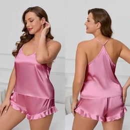 F7KF Sexy Pyjamas Sexy Backless Suspender Shorts Sleepwear Green Lady Pajamas Set Intimate Lingerie New Spring Summer Plus Size 3Xl Satin Homewear 2404101