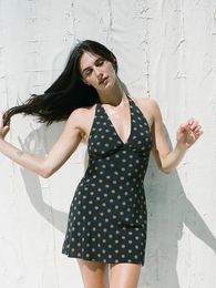 Casual Dresses Women V-Neck Sleeveless Dot Print Halter Neck Silk Mini Dress