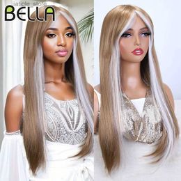 Synthetic Wigs Bella 22inch Long Straight Synthetic Wigs with Bangs Cosplay Wig for Women Ombre Brown Blonde High Temperature Natural Fake Hair Y240401