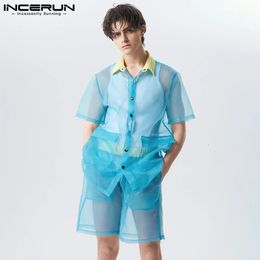 2023 Men Sets Mesh Patchwork Transparent Lapel Short Sleeve Shirt Shorts 2PCS Streetwear Fashion Sexy Suits S5XL INCERUN 240326