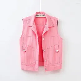 Women's Vests Black Pink Red White Cowboy Vest Waistcoat Short 2024 Spring Autumn Slim Flip Collar Jeans Jacket Top Coat