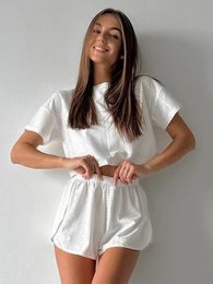 Hiloc Short Sleeve Crop Tops Sexy Women Nightwear Elastic Waist Slit Shorts Female Set Lingerie For Ladies Chic Pajama Sets240401