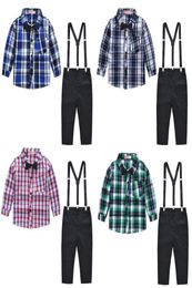 Boys Chequered Shirt Clothing Sets Bow Tie Cravat Shirt Stripe Straps Tightness Button Solid Pants England Style Summer 17T 046237148