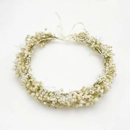 Handmade White Baby Breath Crown Delicate Bride Crown Dried Flower Girl Crown Wedding Supplies Childrens Birthday Decorations 240328