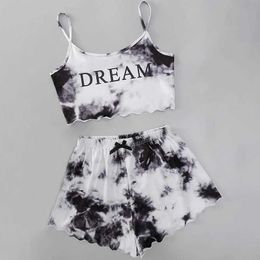 Sexy pijamas nova moda tie dye sexy camisola solta shorts esportes casa terno de duas peças feminino 240330