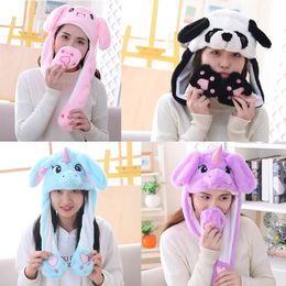 Girls Plush Moving Rabbit Ears Hat Cartoon Stich Funny Cap Kids Party Unicorn Airbag Anime Hats Women Move Jumping Ear Hats 240401