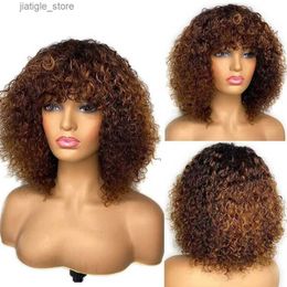 Synthetic Wigs Brown Colour Short Pixie Curly Bob Cut Human Hair Wigs With Bangs Weat to go Jerry Curly Wig Highlight Coloured Wigs For Women Y240401