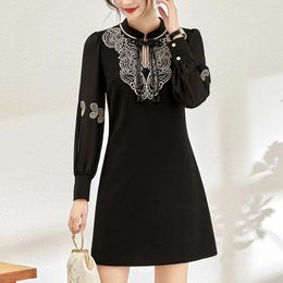 Casual Dresses 2024 Spring Women's Vintage Dress Chiffon Long Sleeve Elegant Fashion For Women Slim Embroidery Black Red A-line