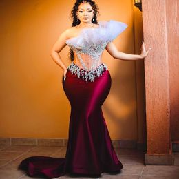 2024 Aso Ebi Burgundy Mermaid Prom Dress Beaded Crystals Lace Evening Formal Party Second Reception 50th Birthday Engagement Gowns Dresses Robe De Soiree ZJ315