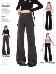 Women's Jeans WCFCX STUDIO Women Black Gothic Flare Harajuku Vintage 2000s Y2k Baggy Denim Trousers Oversize Chic Design Cargo Pants
