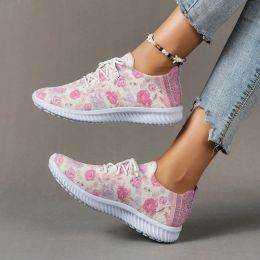 Flats Lucyever Floral Print Pink Sneakers Women 2023 Autumn Breathable Mesh Flat Shoes Woman Light Non Slip Casual Walking Shoes 43