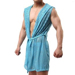 Bras Sets Men Mesh Robes Sexy Bathrobe Sleepwear Sleeveless Sleep Lounge Wear(No Shorts) Kimono Exotic Lingerie