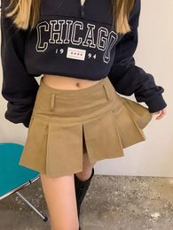 Autumn Vintage Brown Elegant Aline Mini Skirts Women Pleated Sexy Club Short Skirt Female Fashion Streetwear Trend 240401