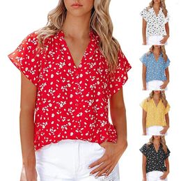 Women's Blouses Shirt Clothing 2024 Top Short Sleeved V Neck Chiffon Print Blouse Summer Tops For Women