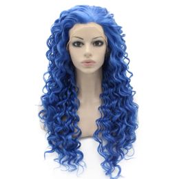 Wigs Long Curly Blue Synthetic Lace Front Cosplay Party Wig