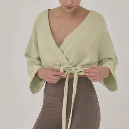 100% Cotton Double Gauze Breathable VNeck LongSleeved TShirt Spring Womens Sports Tops Drawstring Waist Bandage Shirts 240328