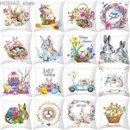 Pillow Case Spring Home Decor Cushion Cover Happy Easter Eggs Rabbit Decorative Covers Flowers Bunny Printed Throw case 45x45cm Y240407