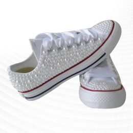 Shoes White canvas shoes pearl ribbon comfortable walking street shooting sneakers handmade pearl neutral vulcanized shoes 3546