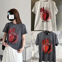 Women's T Shirts Early spring new volcanic Grey strawberry print casual round neck loose cotton short sleeve T-shirt