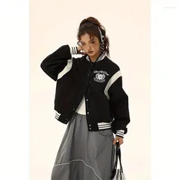 Women's Jackets HOUZHOU Vintage Black Cropped Bomber Jacket Women Korean Fashion Preppy Style Short Baseball Y2k Streetwear Aesthetic