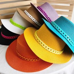 Berets Wholesale Super Quality Summer Cowboy Floppy Cloche Colour Matching Panama Acrylic Chain Straw Hat Fedora Beach Cap