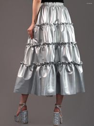 Skirts Vintage Sliver Tiered Pleated Midi Metallic Skirt For Women High Elastic Waist Cake Long Party