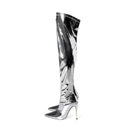 Boots MKKHOU Fashion Over Knee Boots Women's New High Quality Pointed Metal Thin Heel Sexy Thigh Boots Modern Winter Silver Long Boots